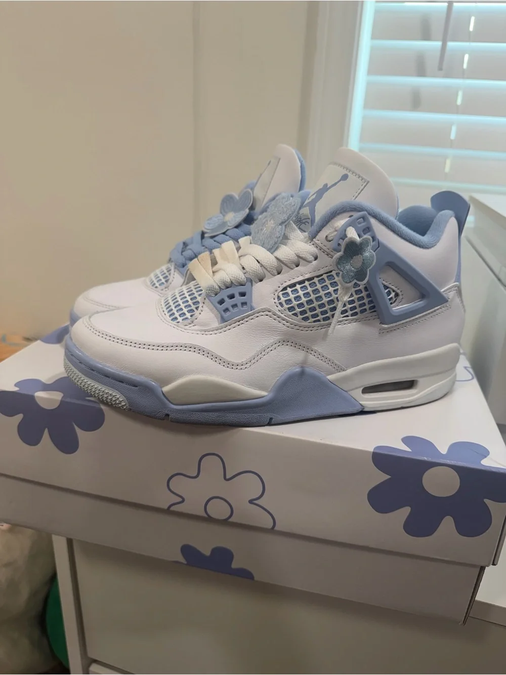 White and Light Blue Jordan 4s Sneakers with Flowers